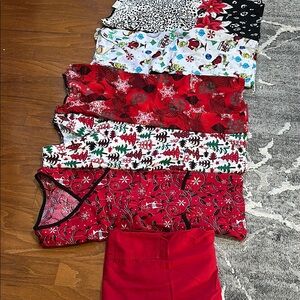 Mostly Tafford brand Red Scrub Pant and 5 tops that are Festive Holiday Design